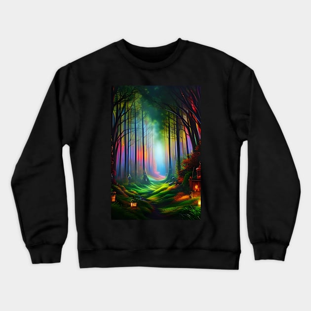 Dreamy Rainbow Colored Forest Trail - Digital AI Art Crewneck Sweatshirt by Christine aka stine1